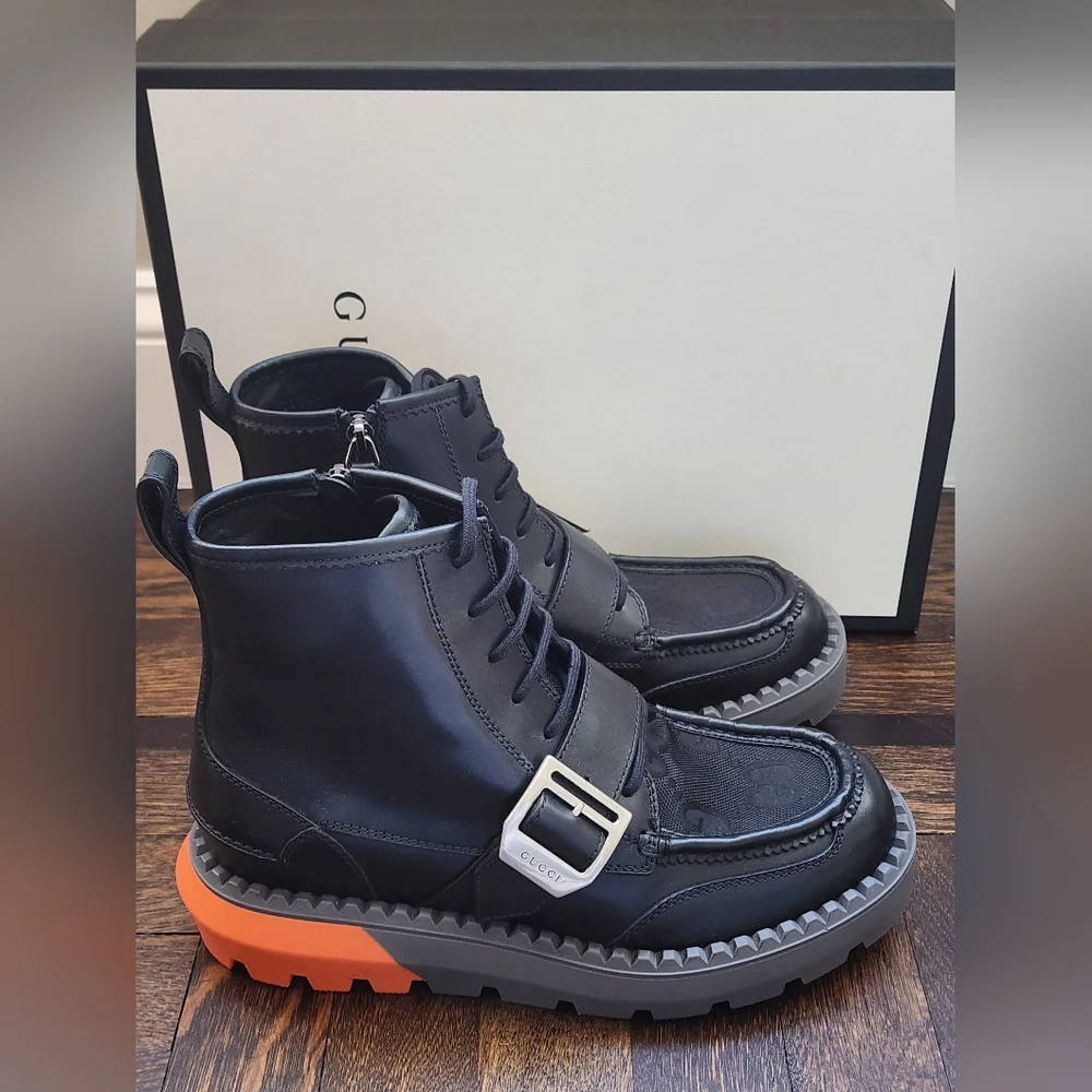 $1600 Brand New Gucci Sierra Calf Men's Boots Nylon GG Sz G 7 US 7.5